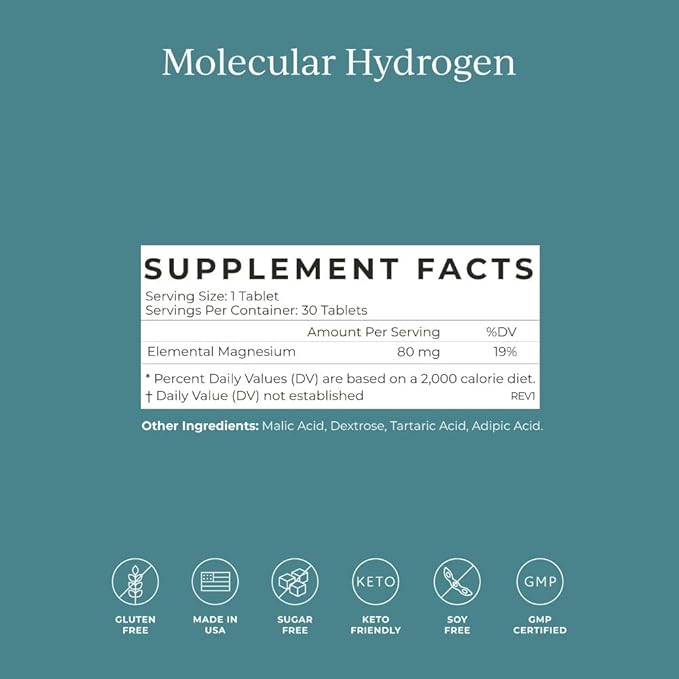 Vital Reaction Molecular Hydrogen Tablets 30 tabletas de Cymbiotika — etiqueta con los ingredientes
