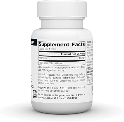 Mejora tu memoria y concentración con Vinpocetina 10 mg de Source Naturals — vista posterior del envase