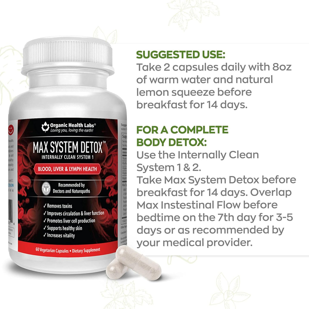 Max System Detox 14 Días Limpieza Natural del Organismo de Organic Health Labs — etiqueta del producto (foto de archivo)