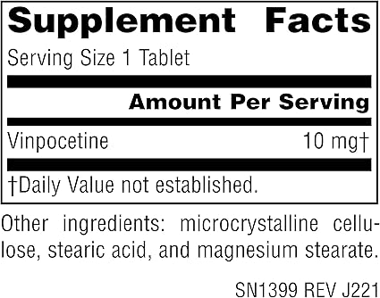 Mejora tu memoria y concentración con Vinpocetina 10 mg de Source Naturals — etiqueta con los ingredientes