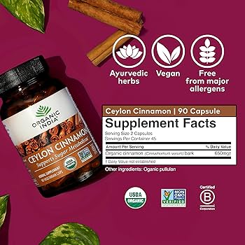 Canela de Ceilán Orgánica Organic India para el Azúcar, 90 Cápsulas — etiqueta con los ingredientes