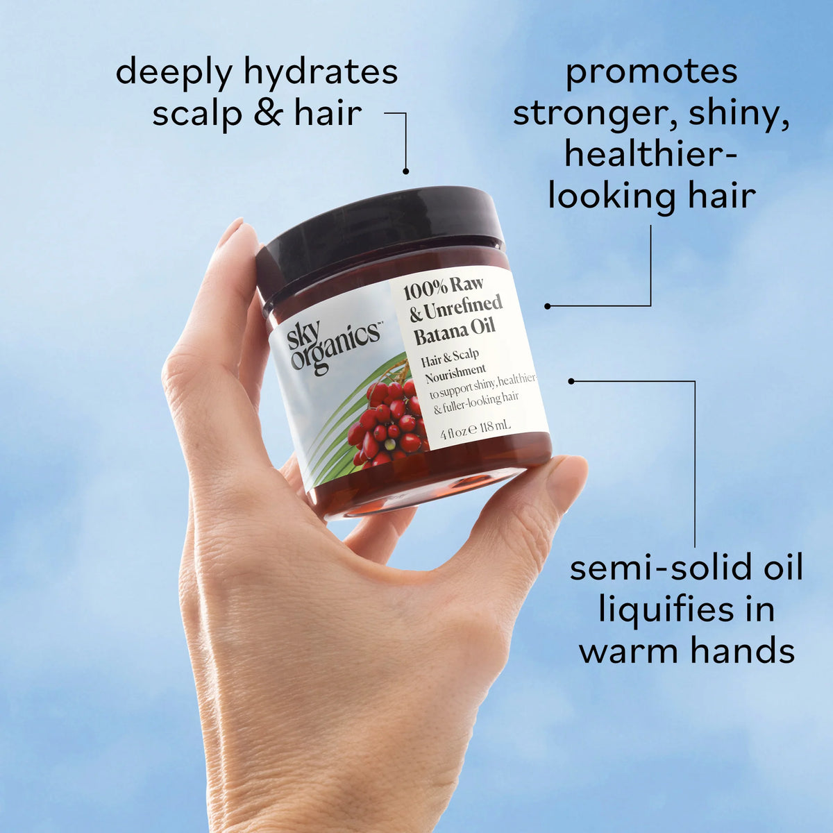 Aceite de Batana Sky Organics 100% Crudo para Cabello, 4 oz — etiqueta con los ingredientes
