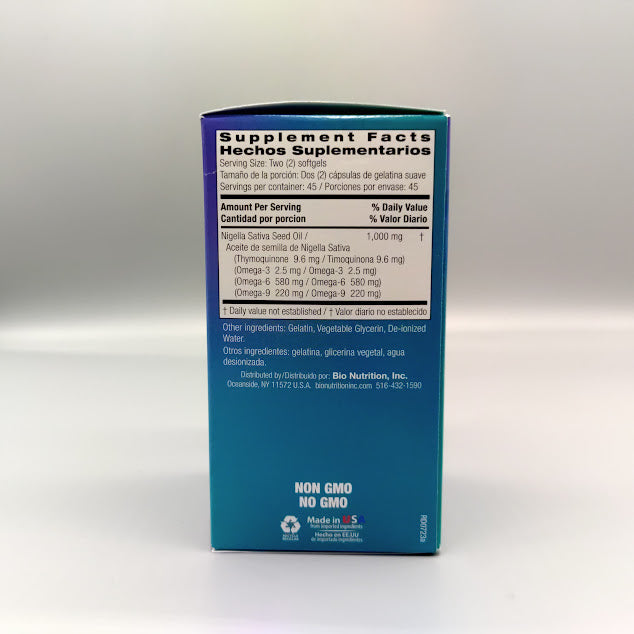 Bio Nutrition aceite de semilla negra 1000 mg 90 softgels prensado en frío — vista posterior del envase