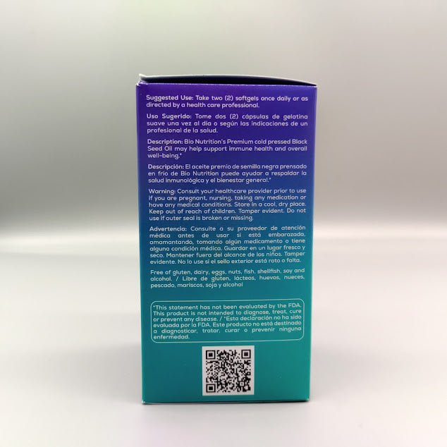 Bio Nutrition aceite de semilla negra 1000 mg 90 softgels prensado en frío — vista lateral