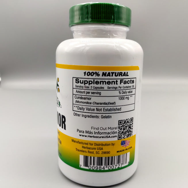 Supplement Facts del Cundeamor Herbacure: 1000 mg de hoja por 2 cápsulas, gelatina y código 700984007278
