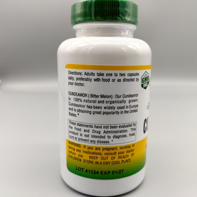 Lado del frasco de Cundeamor Herbacure: modo de uso, advertencia, aviso de la FDA, lote 41024 y vencimiento 01/27