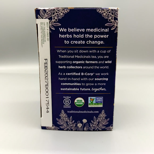 Caja de té Nighty Night Extra con valeriana de Traditional Medicinals, 16 bolsitas — vista lateral (foto de archivo)