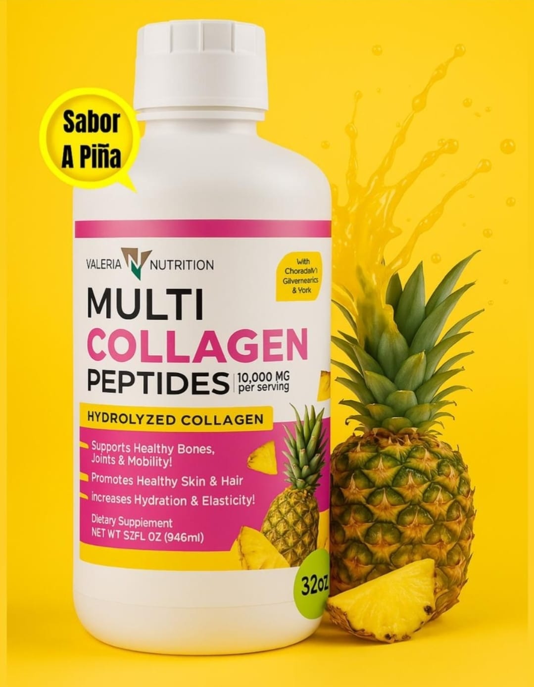 Multi Collagen Peptides de Valeria Nutrition, sabor piña, 32 fl oz (946 ml)