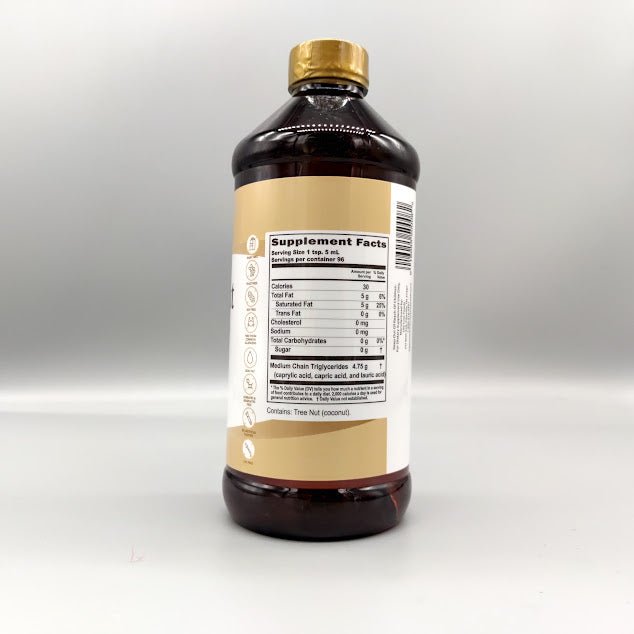 Aceite de coco Coconut Oil MCT - 16 fl oz de Buried Treasure — etiqueta con los ingredientes (foto de archivo)