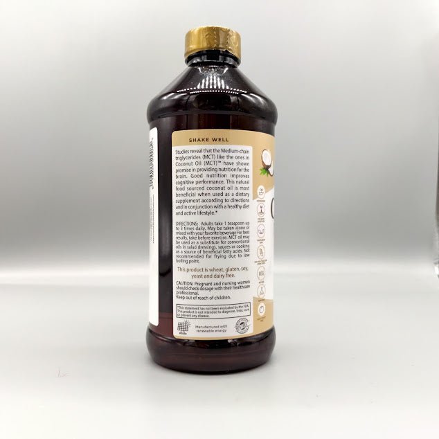 Aceite de coco Coconut Oil MCT - 16 fl oz de Buried Treasure — vista posterior del envase (foto de archivo)