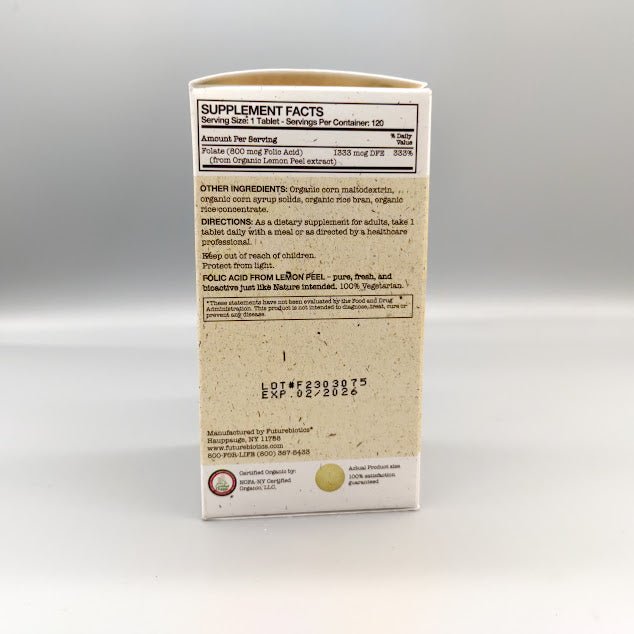 Ácido Fólico – 800mcg - 120 tabletas- Certificado Orgánico de Future Biotics — etiqueta con los (foto de archivo)