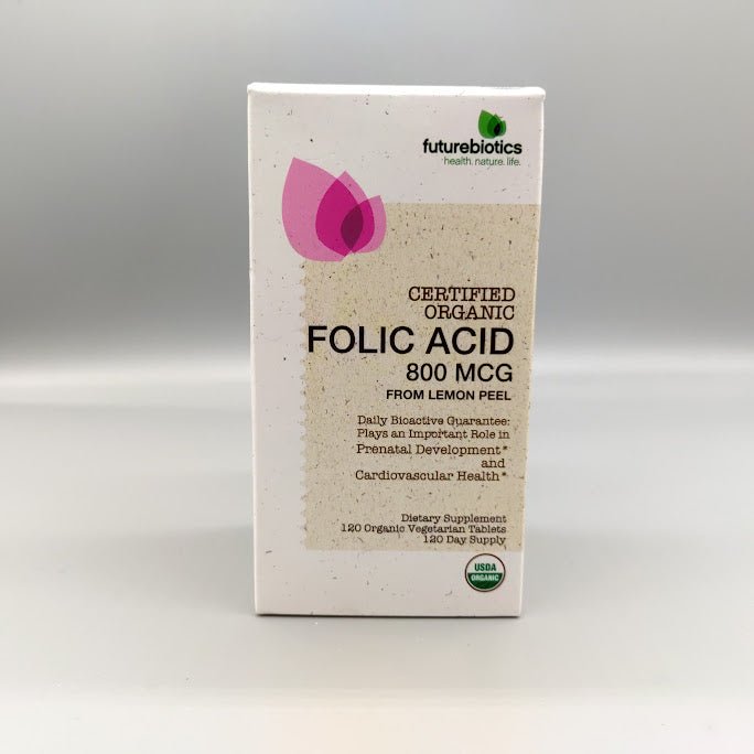 Ácido Fólico – 800mcg - 120 tabletas- Certificado Orgánico de Future Biotics (foto de archivo)