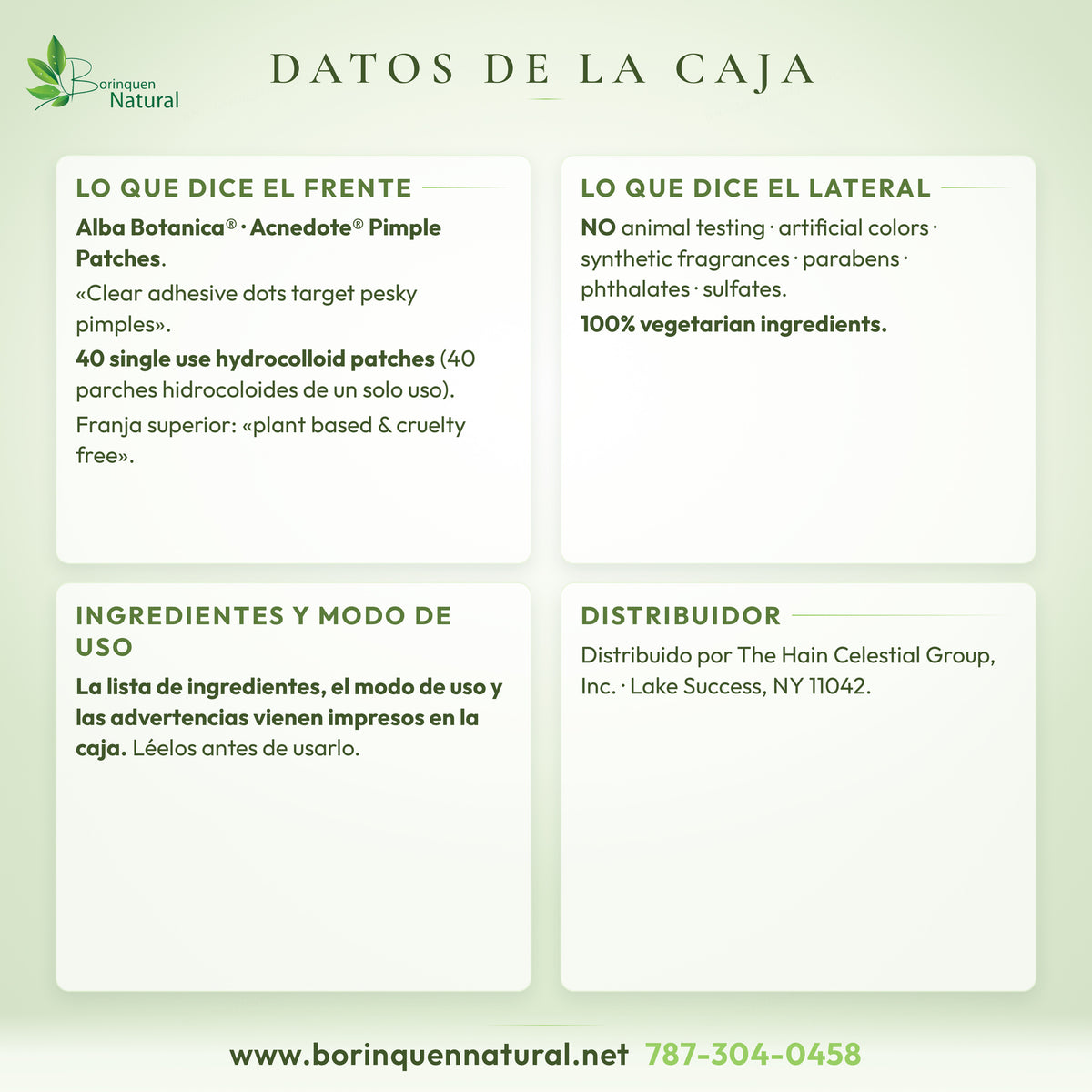 Datos de la caja de Acnedote Pimple Patches de Alba Botanica: lo que dice el frente, el lateral y quién lo distribuye