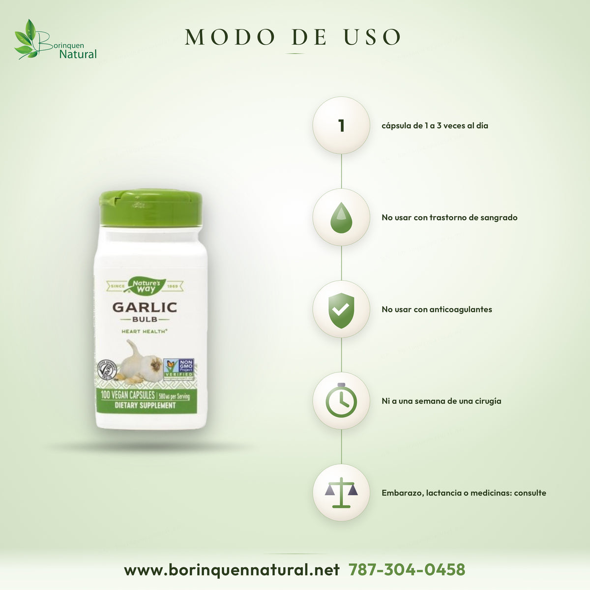 Modo de uso del Garlic Bulb de Nature's Way: 1 cápsula de una a tres veces al día