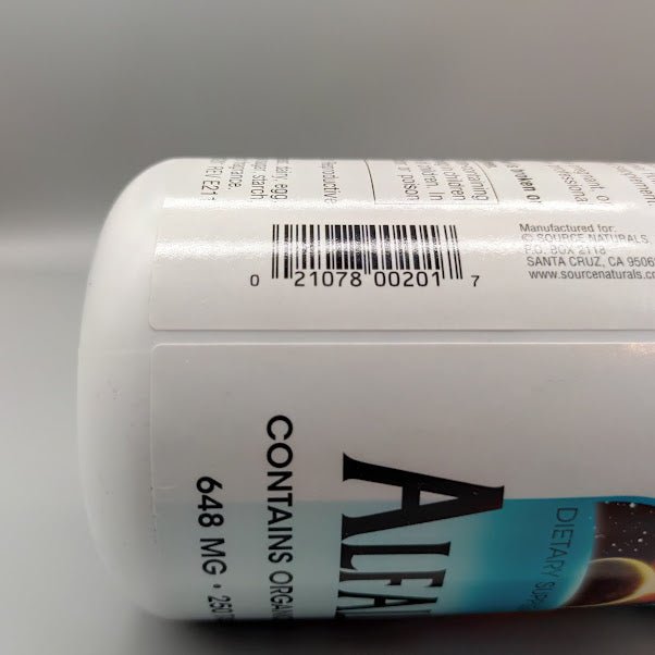 Alfalfa - 648mg - 250 Tabletas de Source Naturals — vista lateral del envase