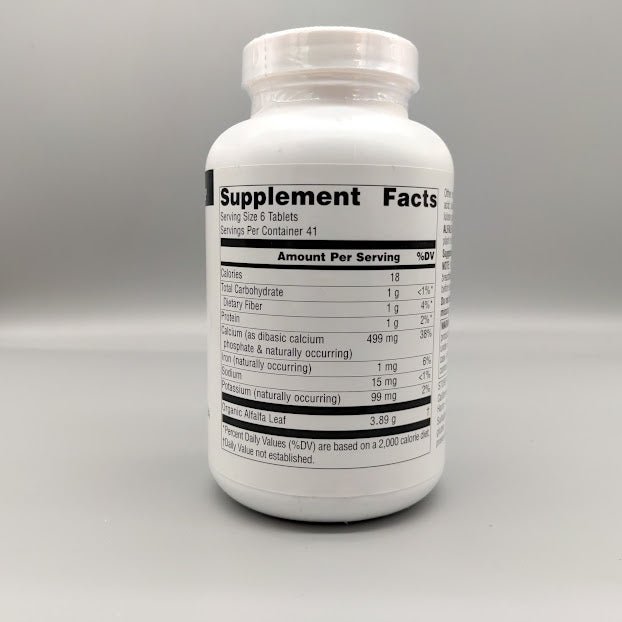 Alfalfa - 648mg - 250 Tabletas de Source Naturals — etiqueta con los ingredientes