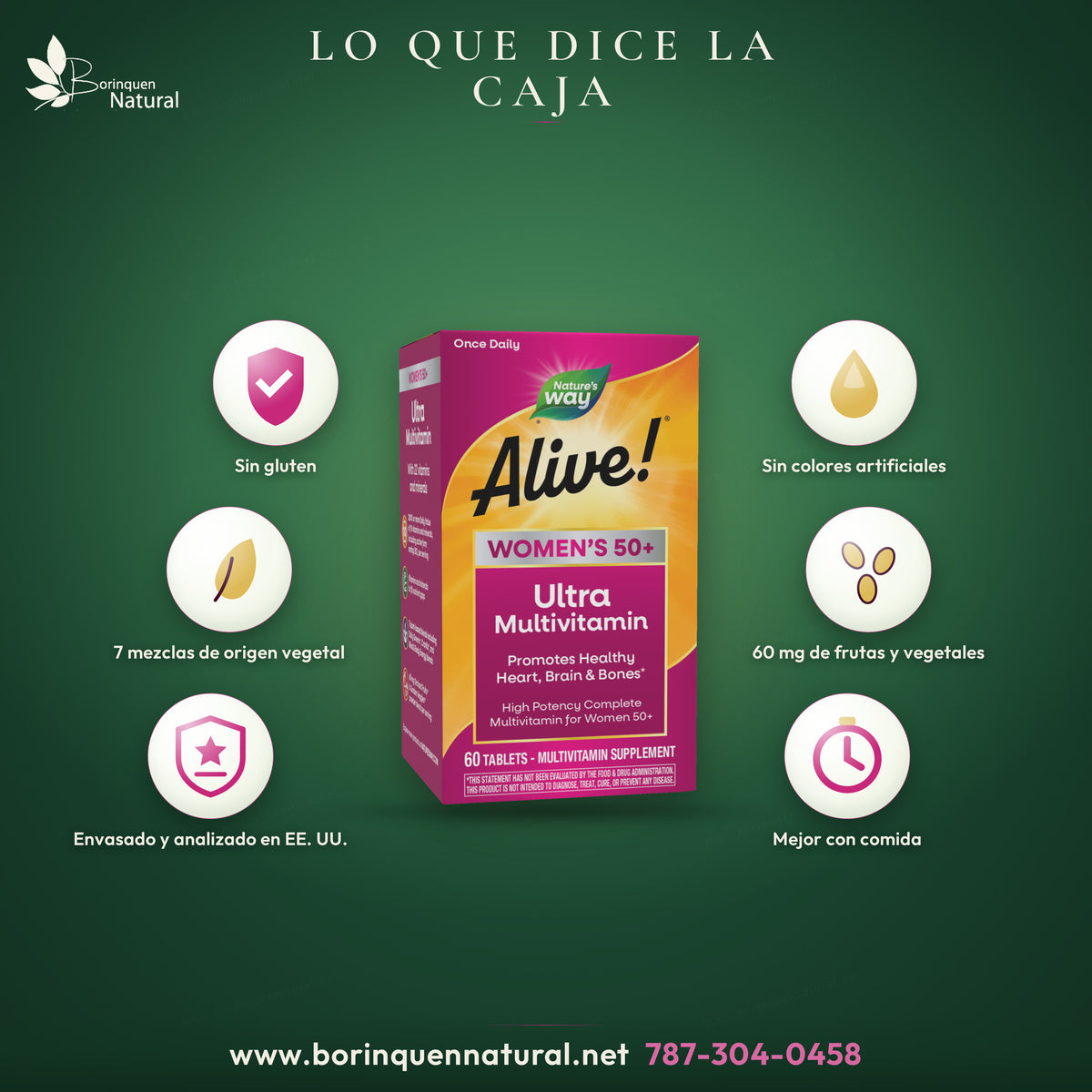 Alive! Women's 50+ de Nature's Way: sin gluten ni colores artificiales, 7 mezclas de origen vegetal, 60 mg de frutas y vegetales en polvo, envasado y analizado en EE. UU.