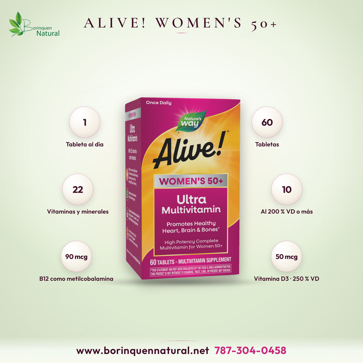 Alive! Women's 50+ Ultra Multivitamin de Nature's Way, multivitamínico de una tableta al día para mujeres 50+, caja de 60 tabletas