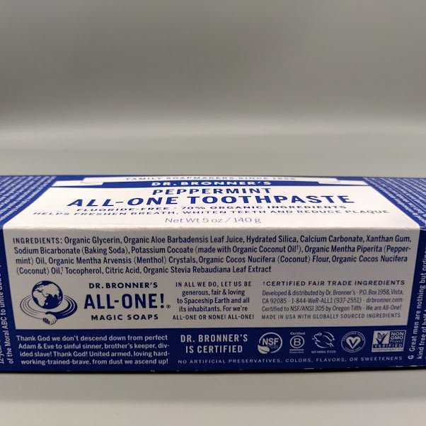 All-One Toothpaste Peppermint 5OZ de Dr. Bronners — etiqueta del producto
