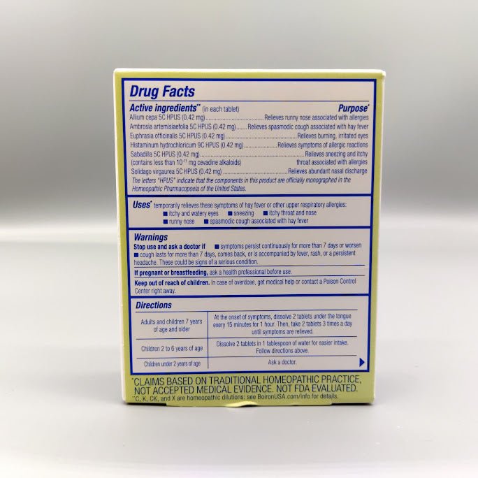 AllergyCalm 60 Tabletas para Alergia y Estornudos PR de Boiron — etiqueta con los ingredientes (foto de archivo)