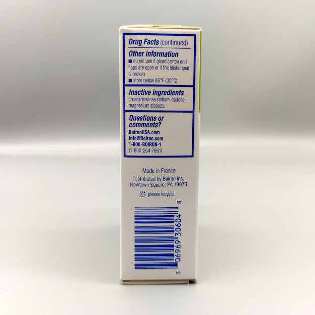 AllergyCalm 60 Tabletas para Alergia y Estornudos PR de Boiron — vista posterior del envase (foto de archivo)