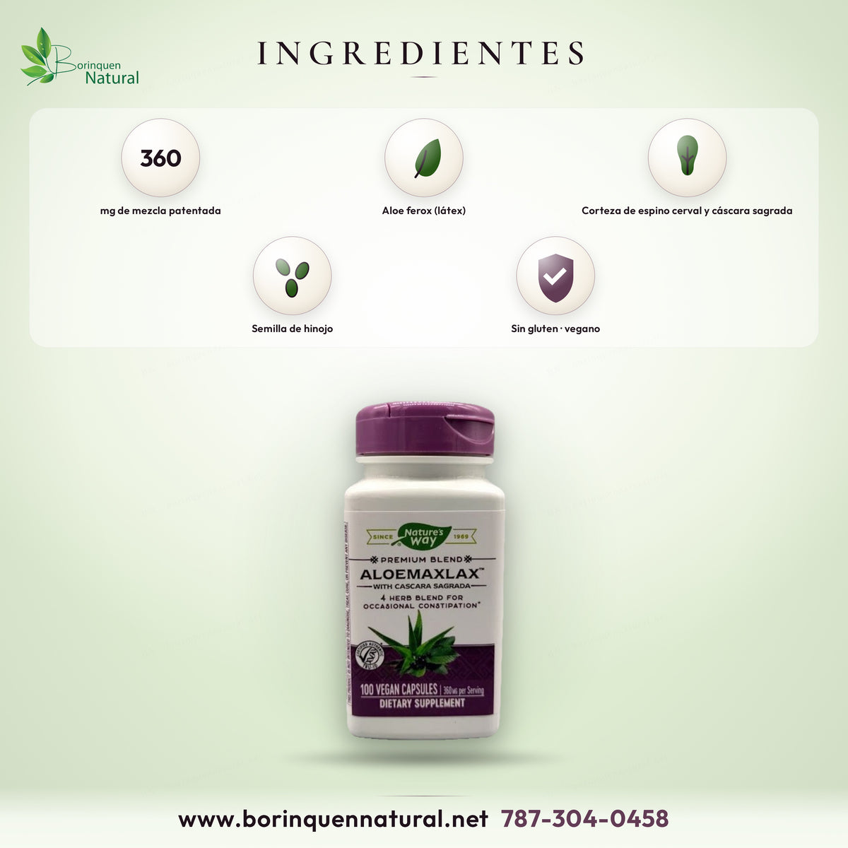 Ingredientes del AloeMaxLax de Nature's Way: mezcla de 360 mg de aloe ferox, espino cerval, cáscara sagrada y semilla de hinojo