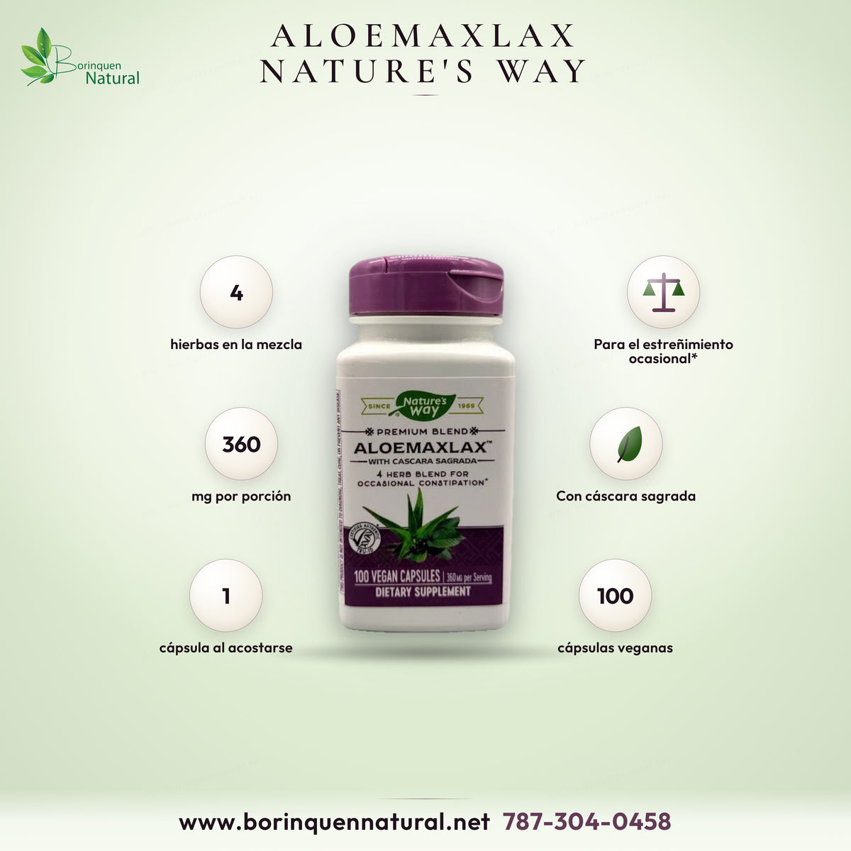 AloeMaxLax de Nature's Way con cáscara sagrada, mezcla de 4 hierbas para el estreñimiento ocasional, frasco de 100 cápsulas veganas