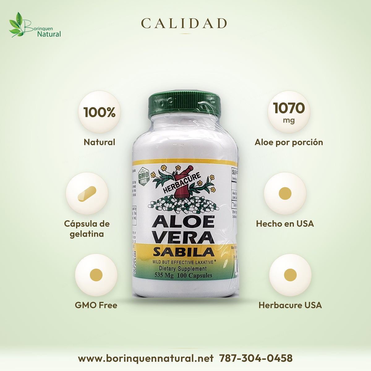 Aloe Vera Sábila de Herbacure: 100% natural, hecho en Estados Unidos, libre de transgénicos, en cápsulas de gelatina