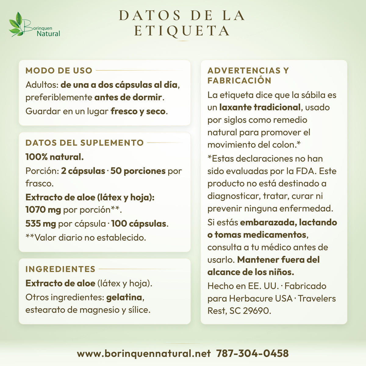 Datos de la etiqueta de las pastillas de sábila: modo de uso, datos del suplemento, ingredientes y advertencias