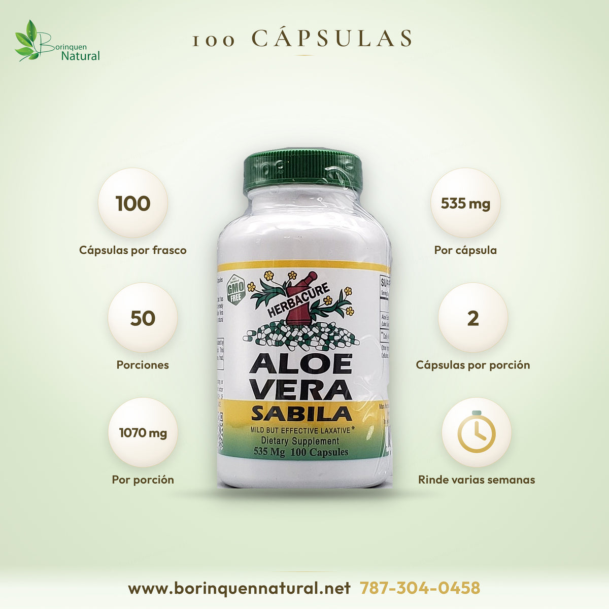 Formato del Aloe Vera Sábila: 100 cápsulas de 535 mg, 50 porciones de dos cápsulas con 1070 mg de extracto de aloe