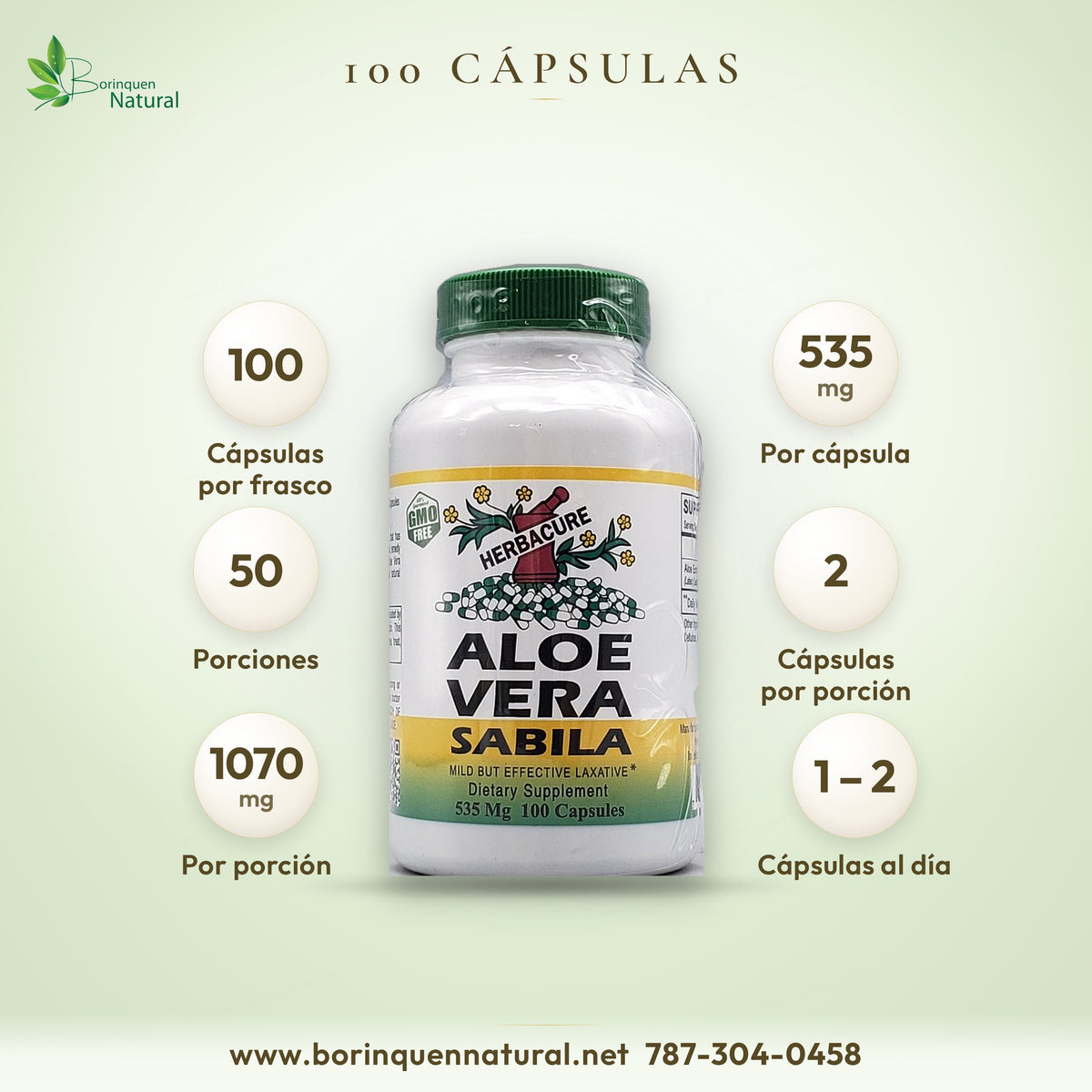 Formato de las pastillas de sábila: 100 cápsulas de 535 mg, 50 porciones de dos cápsulas con 1070 mg de aloe