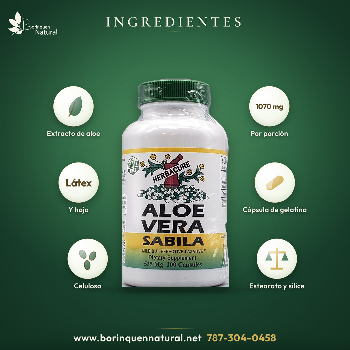 Ingredientes del Aloe Vera Sábila: extracto de aloe de látex y hoja, gelatina, celulosa microcristalina, estearato de magnesio y sílice