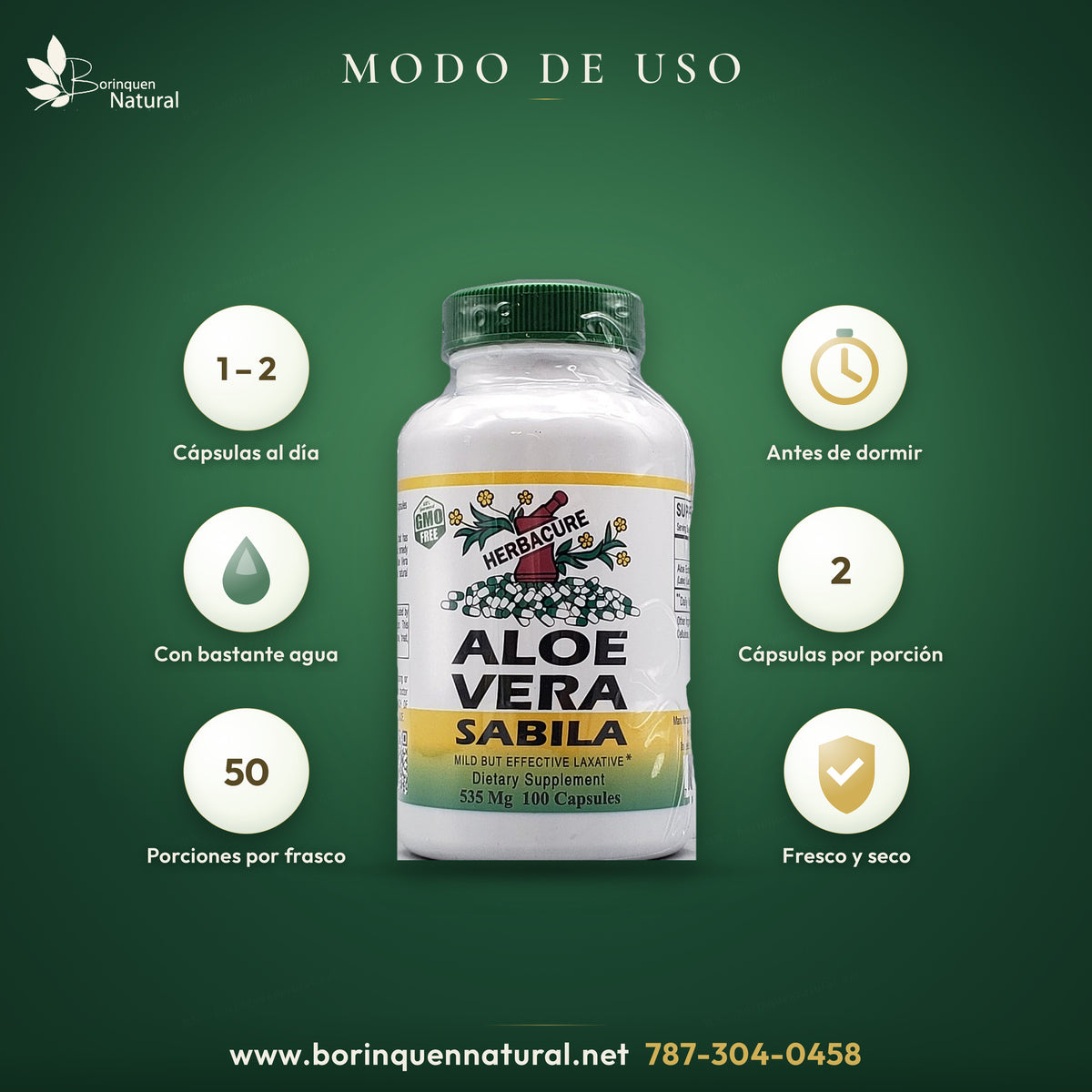 Modo de uso del Aloe Vera Sábila: de una a dos cápsulas al día, preferiblemente antes de dormir y con bastante agua