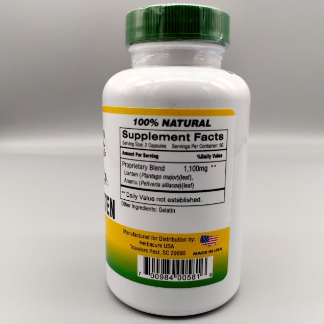 Anamu + Llanten - 1100mg - 100 Capsules de Herbacure — etiqueta del producto