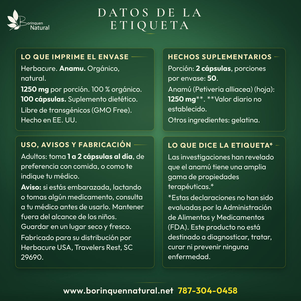 Datos de la etiqueta del anamú Herbacure: hechos suplementarios, uso, avisos y fabricación