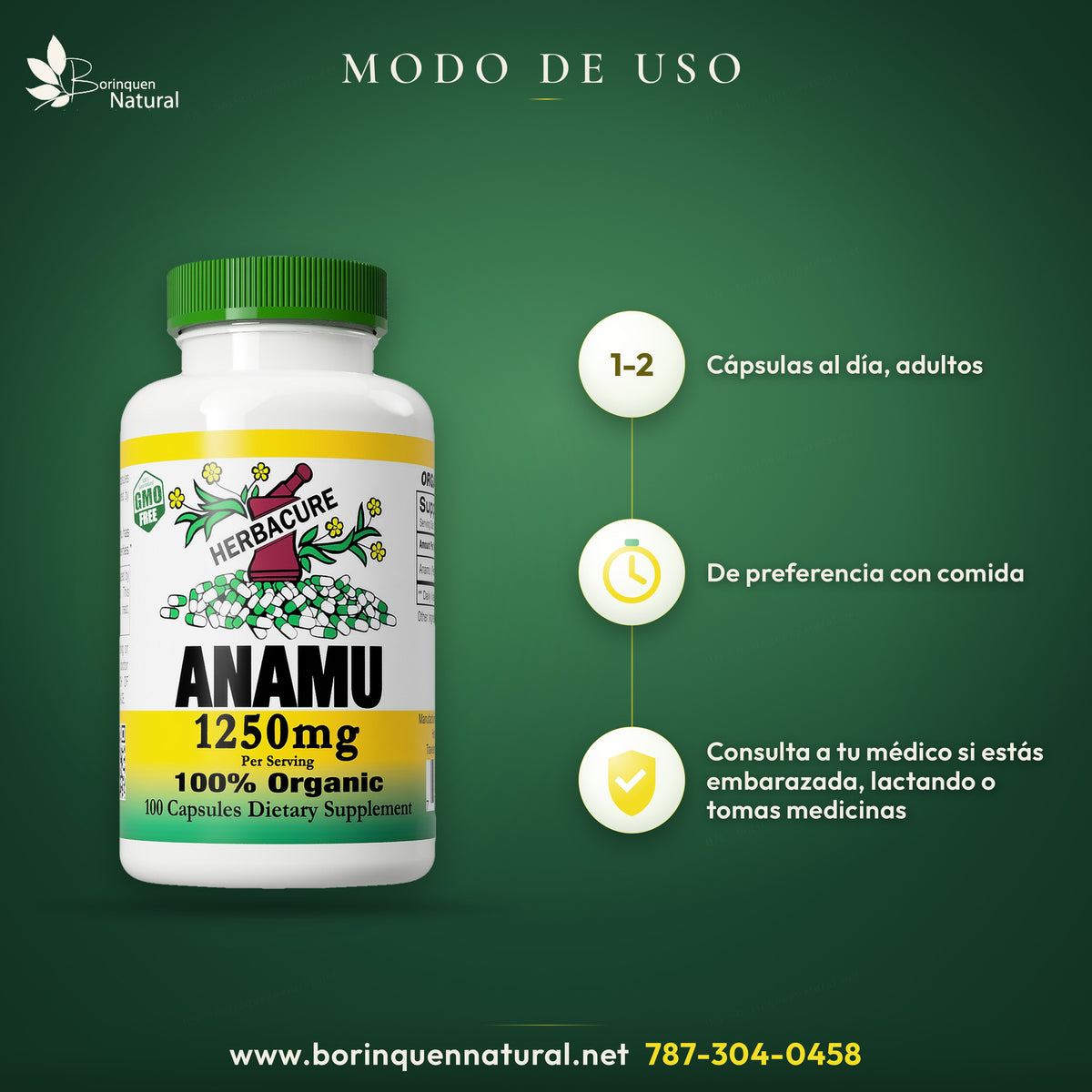 Modo de uso del anamú Herbacure: adultos, 1 a 2 cápsulas al día, de preferencia con comida