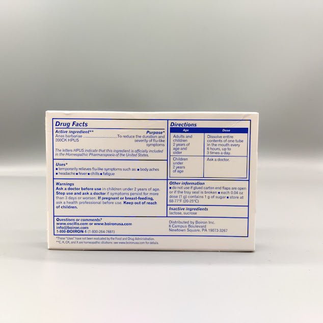 Anti gripal Oscillococcinum Homeopathic Flu Quick-Dissolving Pellets 6 Pack de Boiron — etiqueta del producto
