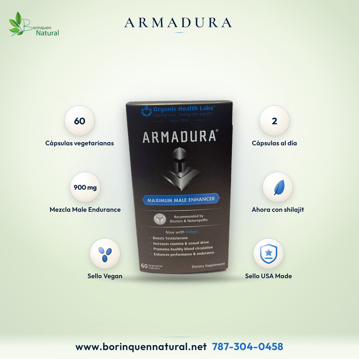 Armadura Maximum Male Enhancer de Organic Health Labs, suplemento con shilajit, caja de 60 cápsulas vegetarianas