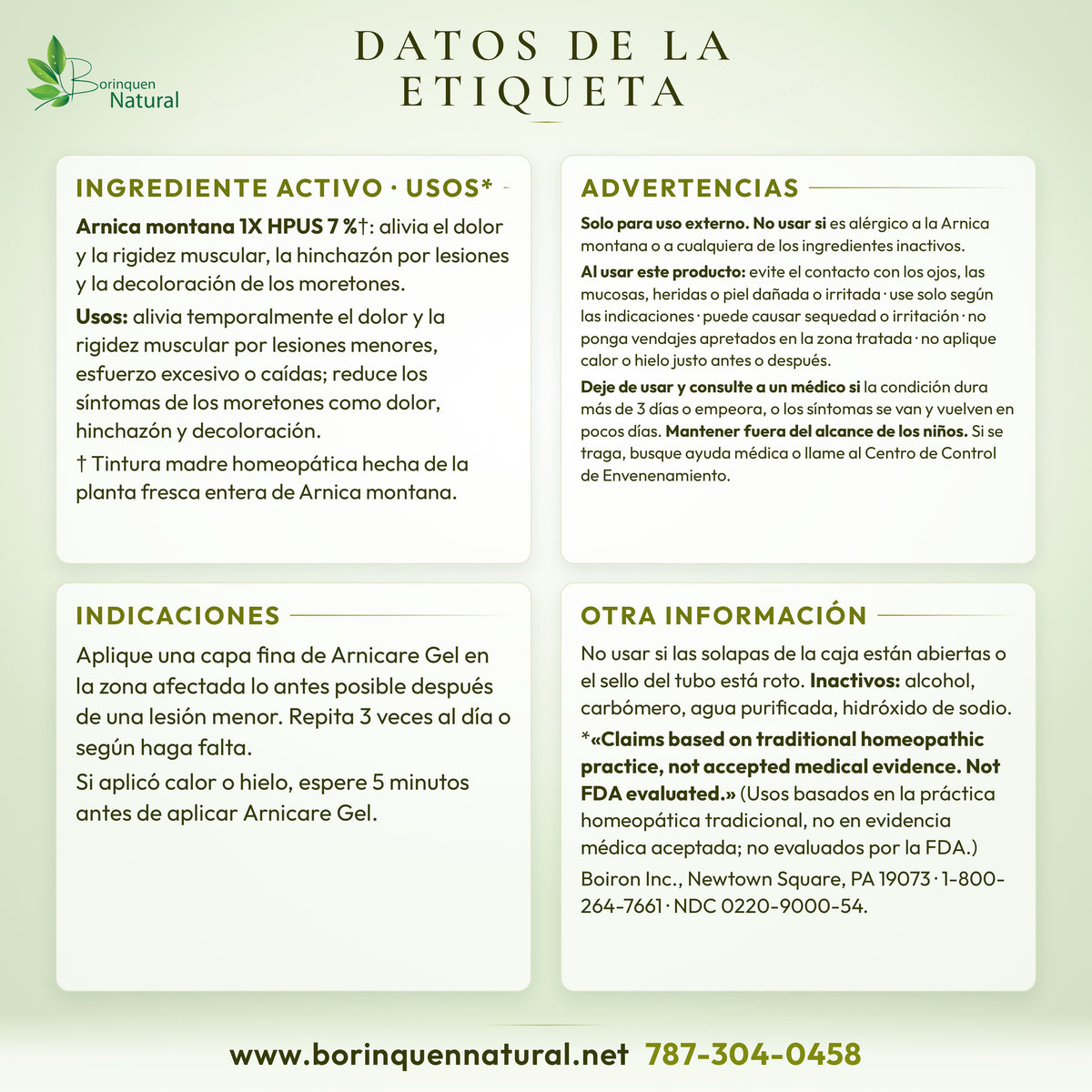 Datos de la etiqueta de Arnicare Gel de Boiron: ingrediente activo, usos, advertencias e indicaciones