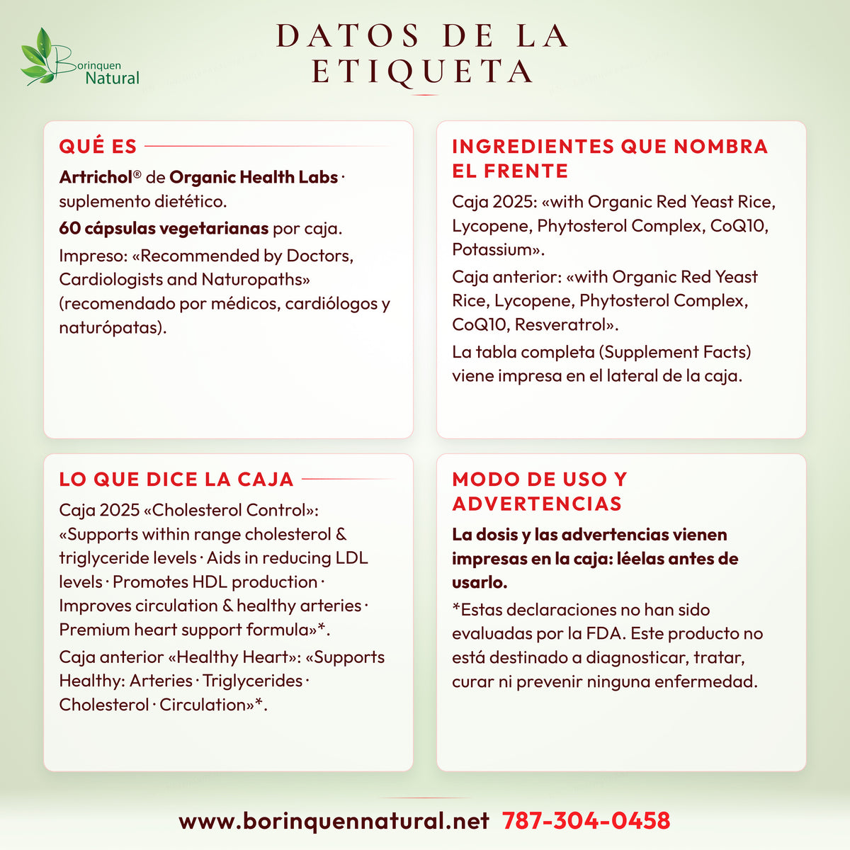 Datos de la etiqueta de Artrichol de Organic Health Labs: lo que dice el frente de la caja, ingredientes nombrados y descargo