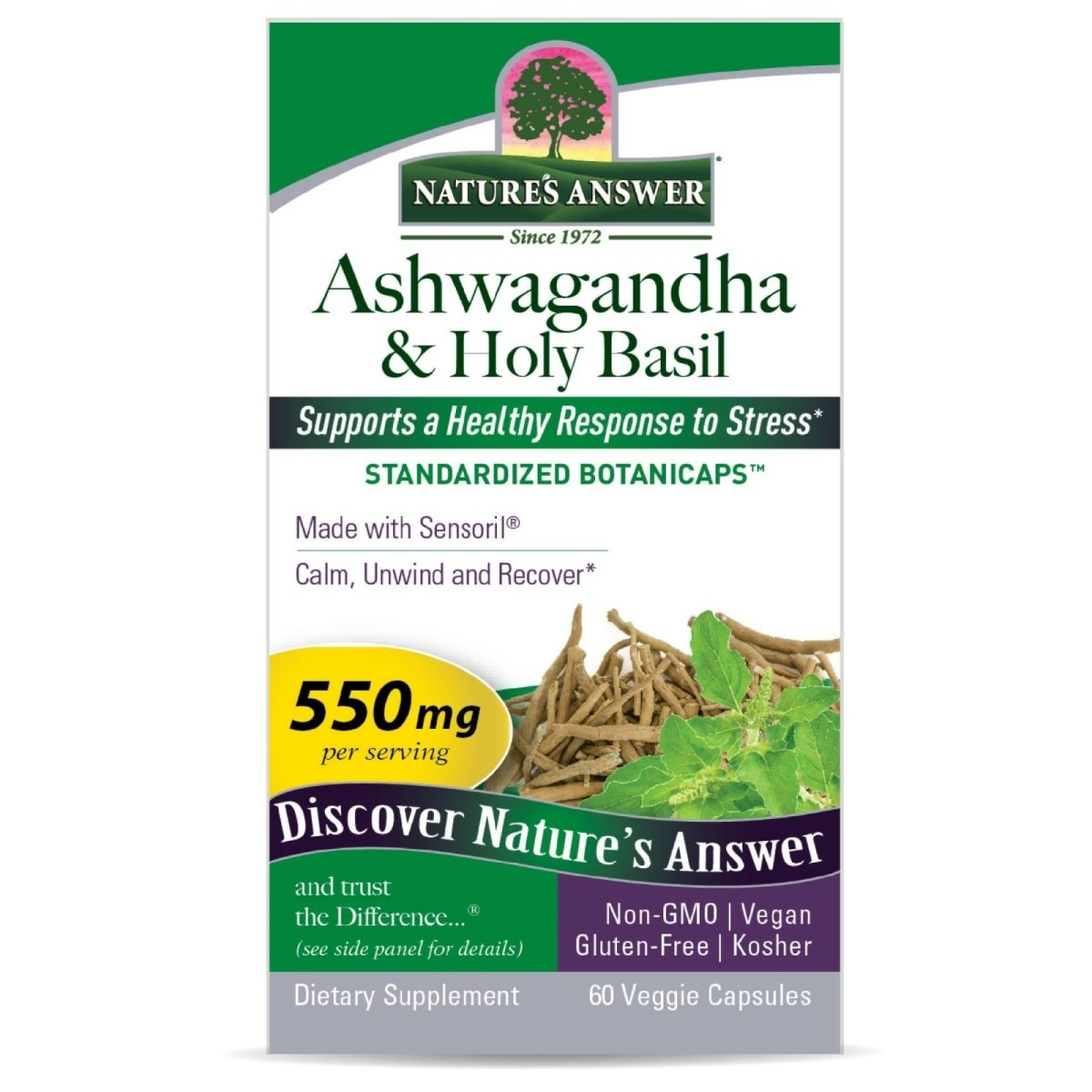 Ashwagandha & Holy Basil 60 caps Nature's Answer (foto de archivo)