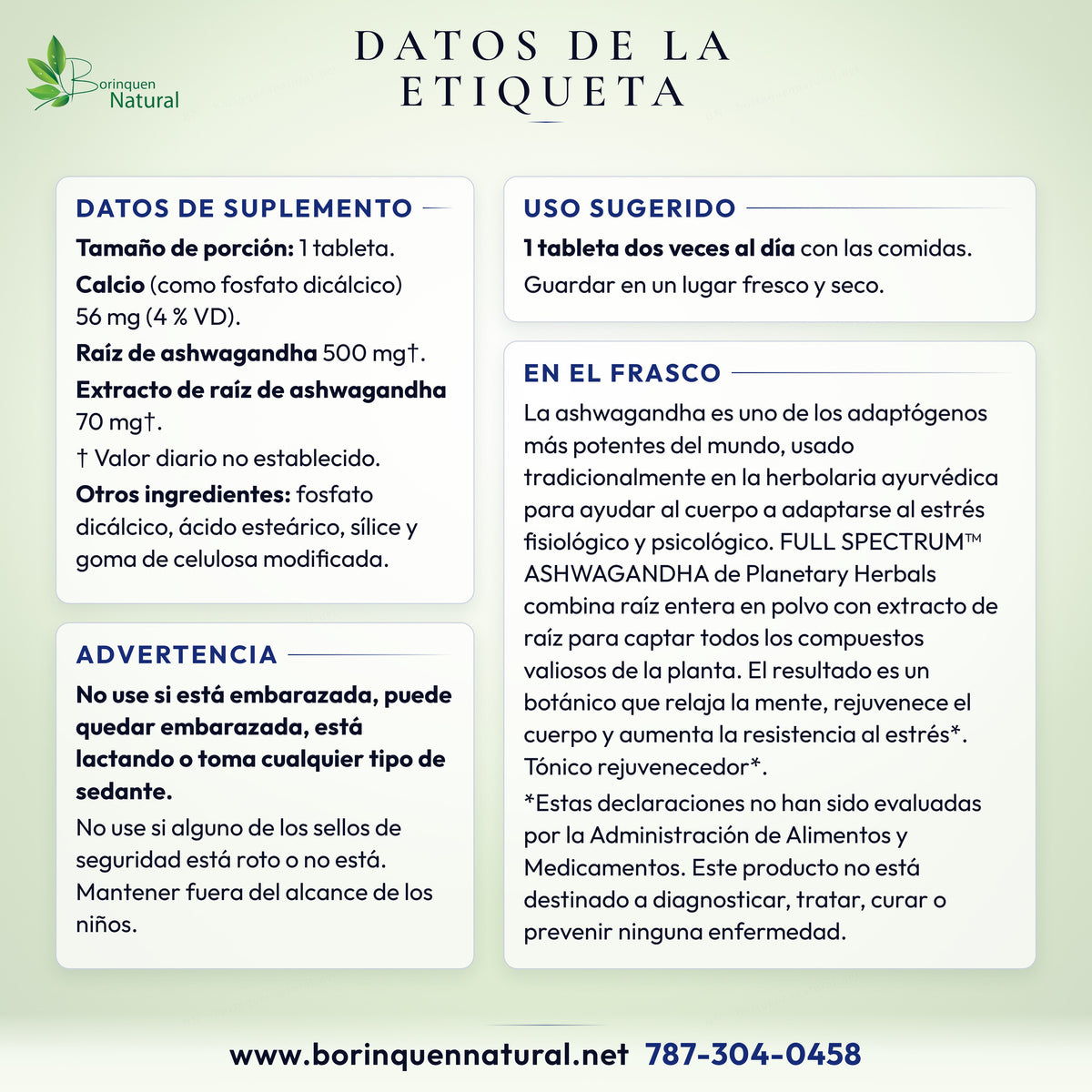 Datos de la etiqueta del Full Spectrum Ashwagandha de Planetary Herbals: suplemento, uso, advertencia y descargo