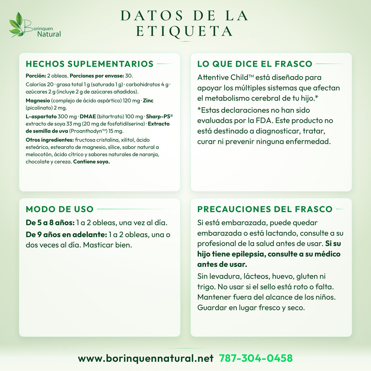 Datos de la etiqueta del Attentive Child de Source Naturals: hechos suplementarios, otros ingredientes, modo de uso por edad y precauciones del frasco