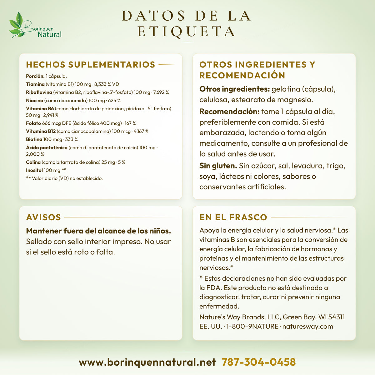 Datos de la etiqueta del B-100 Complex de Nature's Way: hechos suplementarios, otros ingredientes, recomendación y avisos