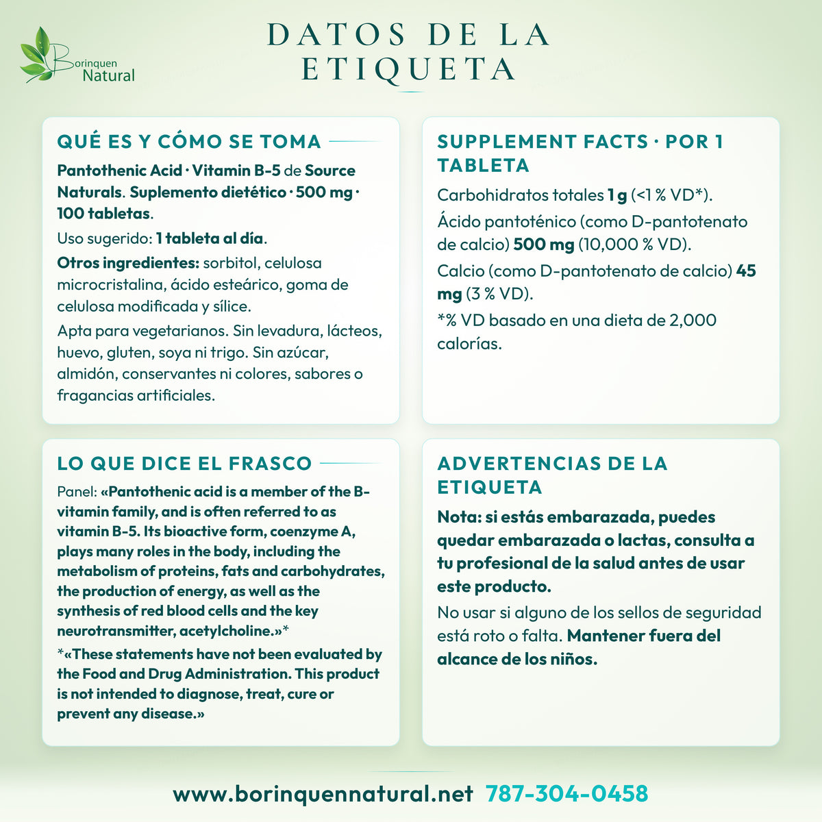 Datos de la etiqueta de Pantothenic Acid de Source Naturals: Supplement Facts, modo de uso, lo que dice el frasco y advertencias