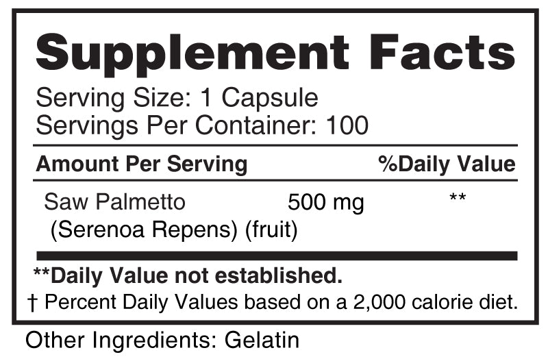 Saw Palmetto 500 mg Earth's Creation para Próstata, 100 Cápsulas — etiqueta con los ingredientes