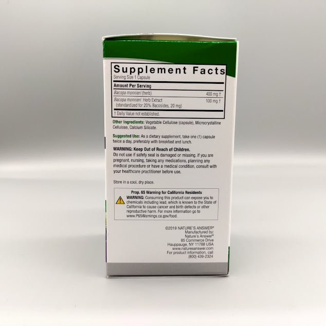 Bacopa 500 mg 90 Cap Vegi de Nature's Answer — etiqueta con los ingredientes