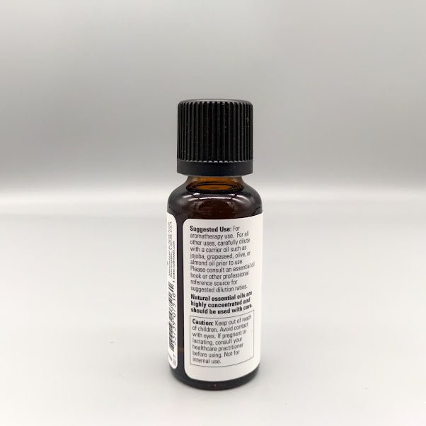 Aceite esencial de albahaca NOW 100% puro Ocimum basilicum 1 oz — vista posterior del envase