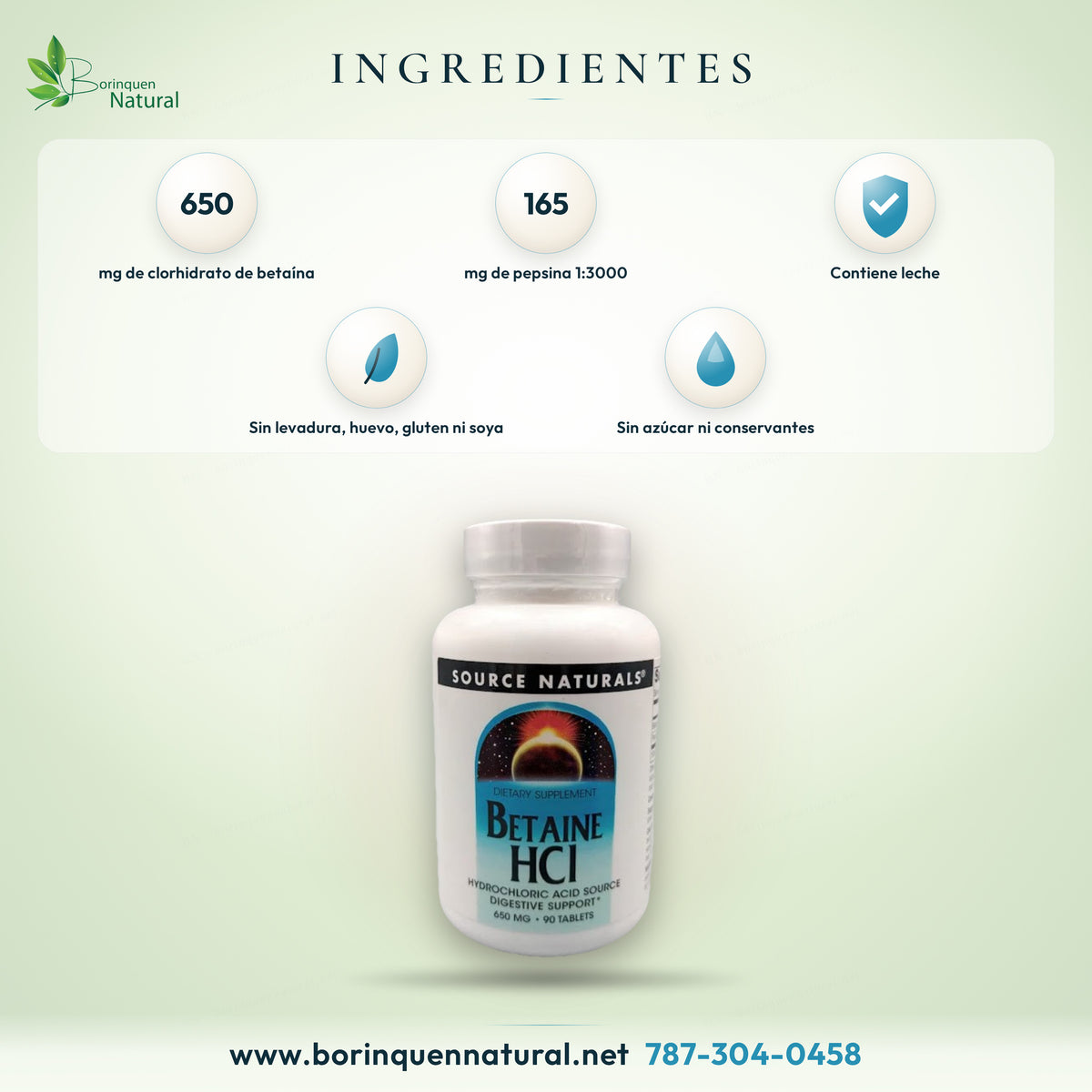 Ingredientes de la betaína HCl de Source Naturals: clorhidrato de betaína y pepsina por tableta