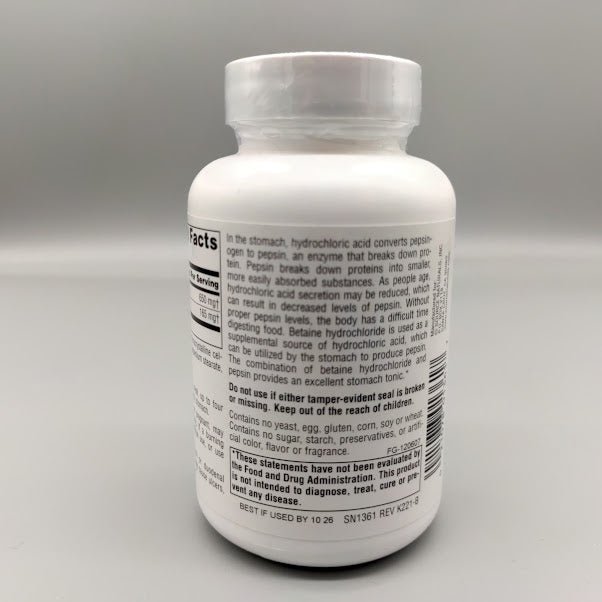 Betaína HCl 650 mg 90 Tabletas para Digestión de Proteínas — vista posterior del envase